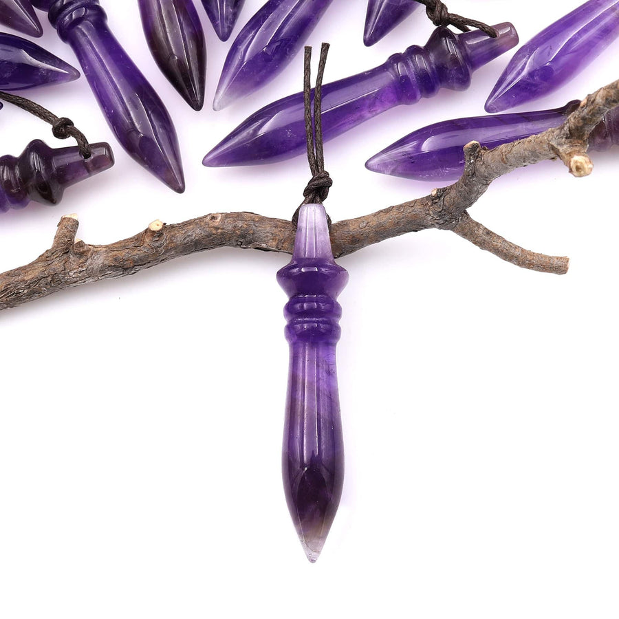Natural Purple Amethyst Carved Wand Ritual Dagger Pendant Drilled Crystal Gemstone Bead Pendulum