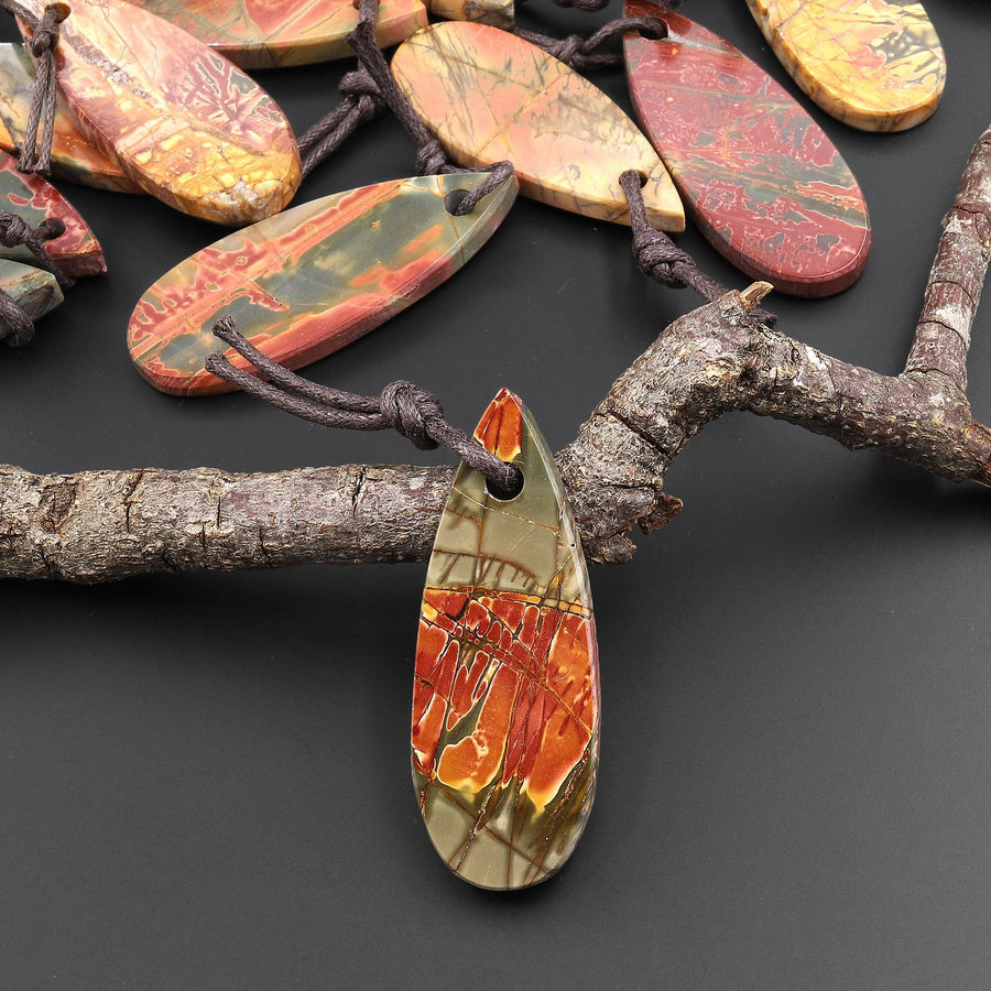 Hand Cut Natural Red Creek Jasper Smooth Flat Teardrop Pendant Aka Multicolor Picasso Jasper