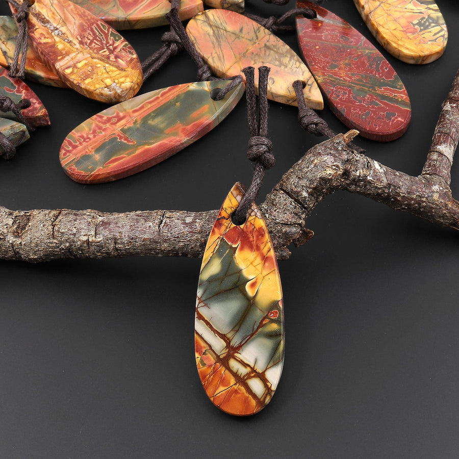 Hand Cut Natural Red Creek Jasper Smooth Flat Teardrop Pendant Aka Multicolor Picasso Jasper
