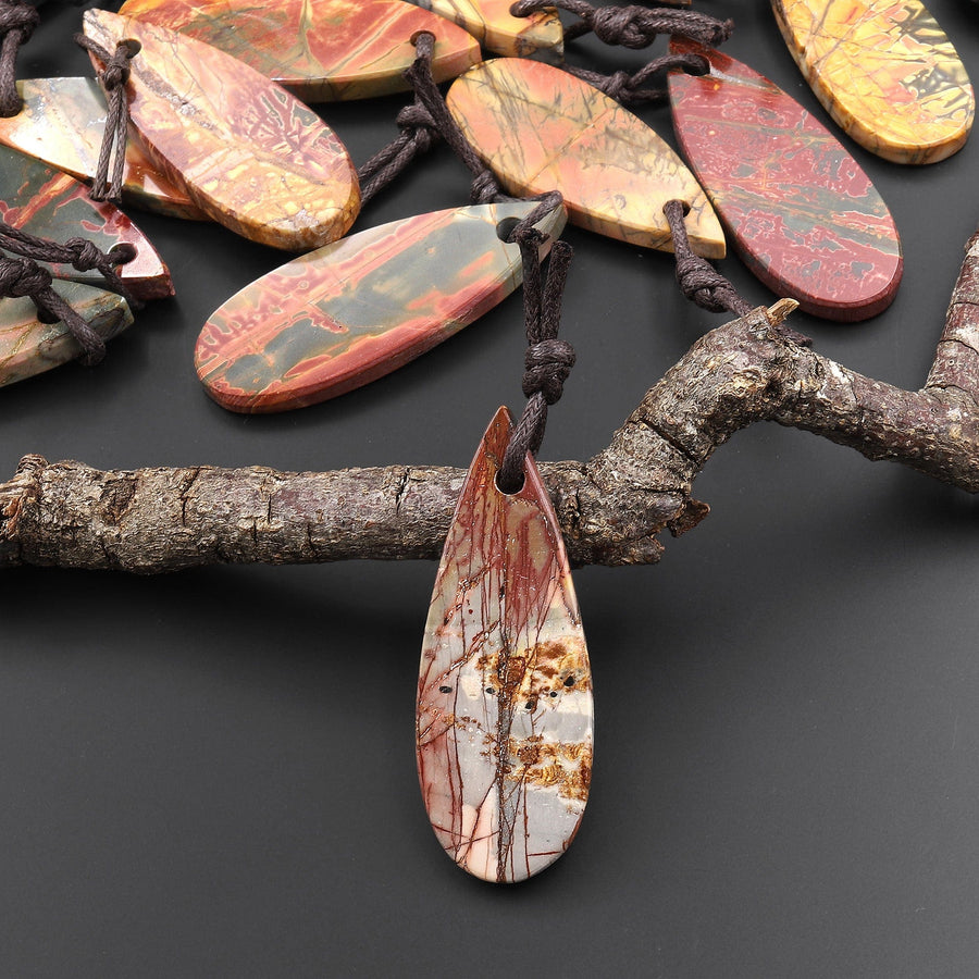Hand Cut Natural Red Creek Jasper Smooth Flat Teardrop Pendant Aka Multicolor Picasso Jasper