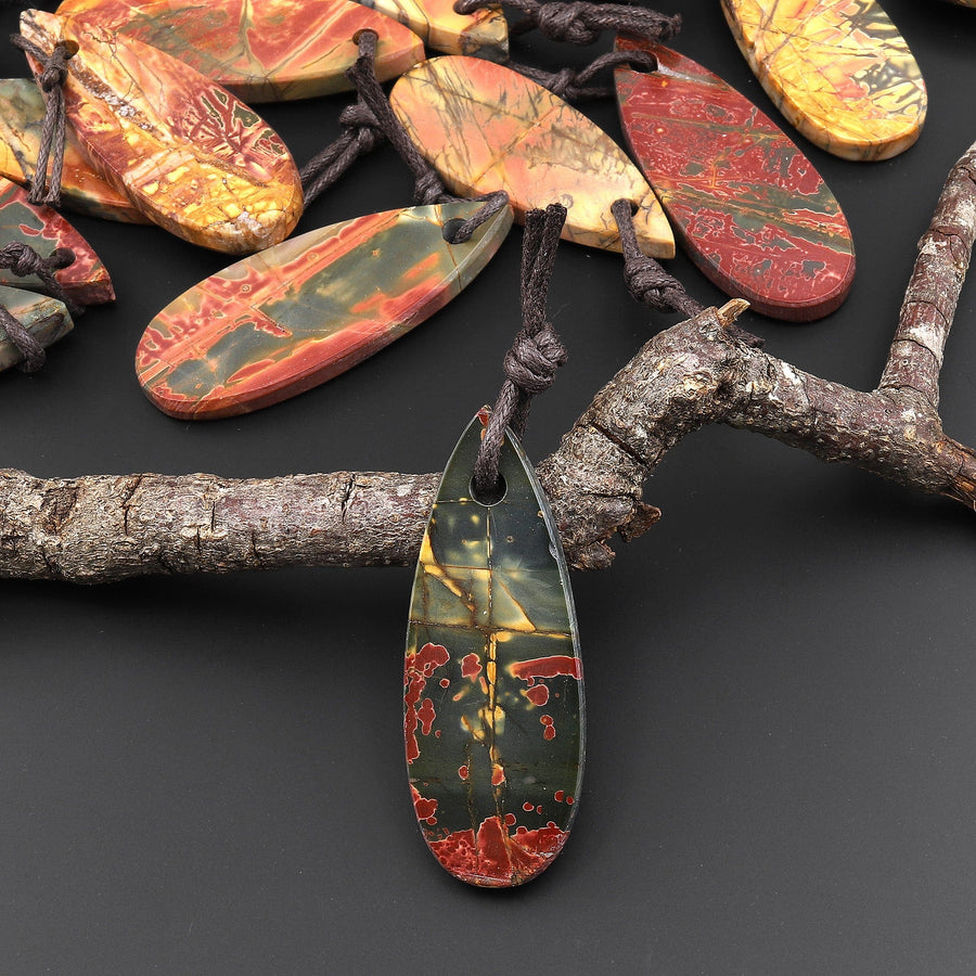 Hand Cut Natural Red Creek Jasper Smooth Flat Teardrop Pendant Aka Multicolor Picasso Jasper