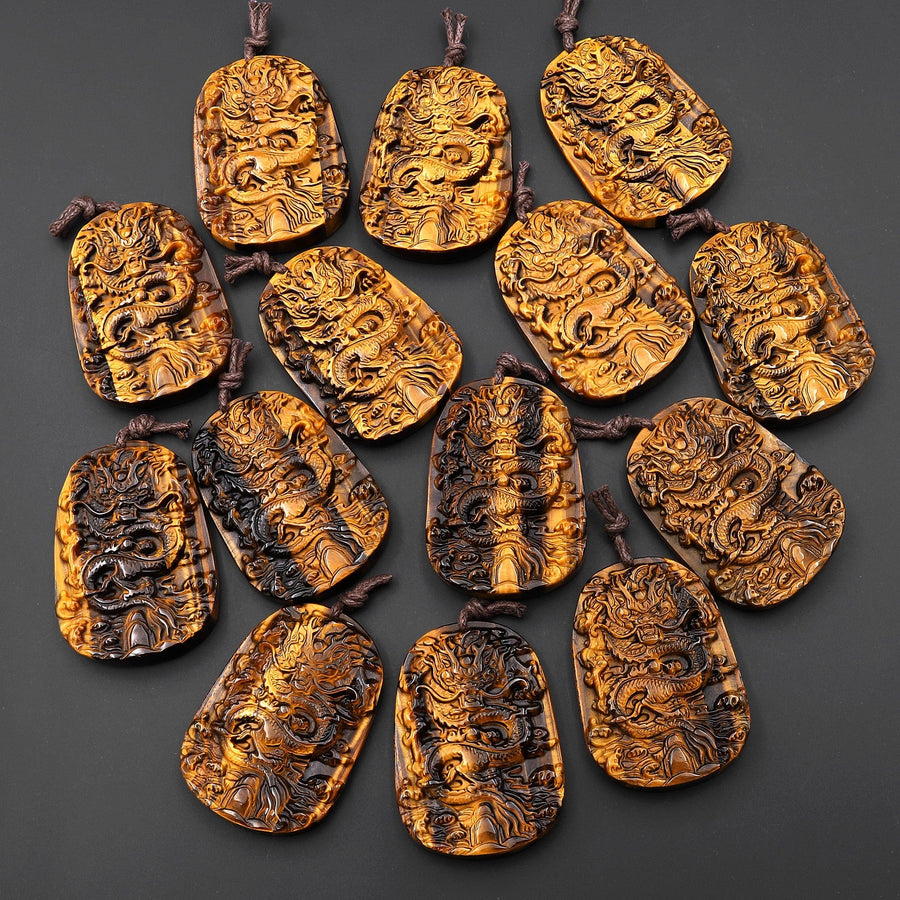 AAA Hand Carved Natural Tiger's Eye Flying Dragon Pendant Gemstone Focal Bead