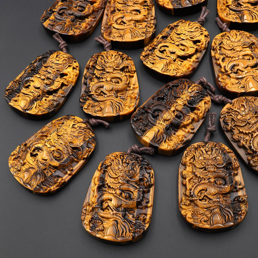 AAA Hand Carved Natural Tiger's Eye Flying Dragon Pendant Gemstone Focal Bead