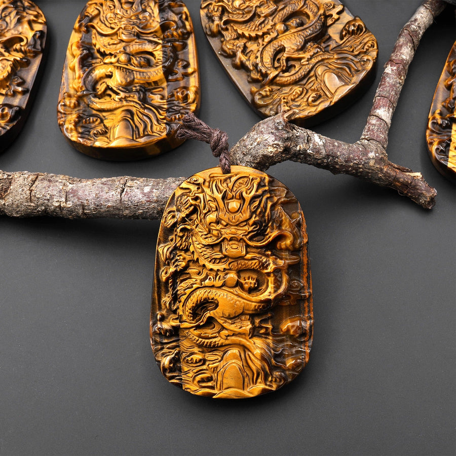 AAA Hand Carved Natural Tiger's Eye Flying Dragon Pendant Gemstone Focal Bead