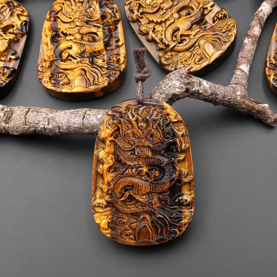 AAA Hand Carved Natural Tiger's Eye Flying Dragon Pendant Gemstone Focal Bead