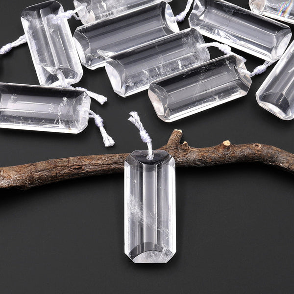 Natural Rock Quartz Pendant Faceted Rectangle Gemstone Crystal Focal Bead