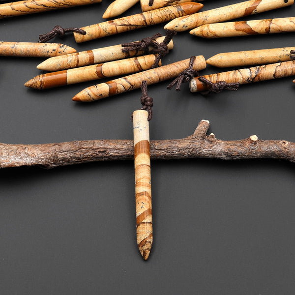 Natural Picture Jasper Thin Long Spike Top Side Drilled Pendant - Earth Tone Wands of Grounding Energy