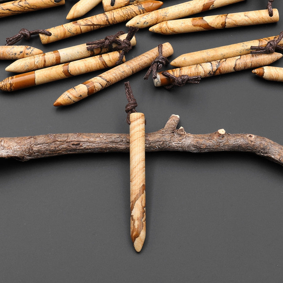 Natural Picture Jasper Thin Long Spike Top Side Drilled Pendant - Earth Tone Wands of Grounding Energy A2
