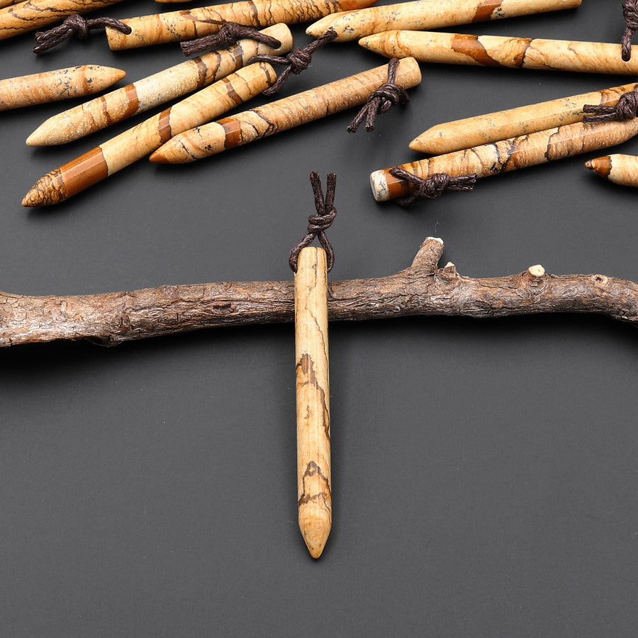Natural Picture Jasper Thin Long Spike Top Side Drilled Pendant - Earth Tone Wands of Grounding Energy A4