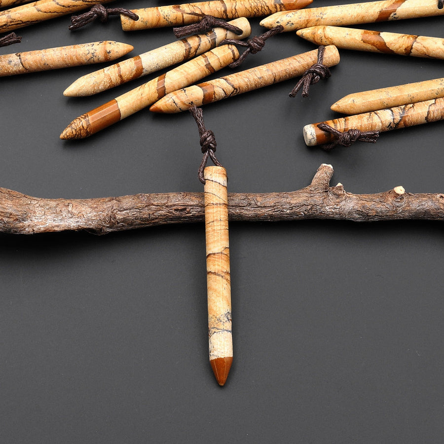 Natural Picture Jasper Thin Long Spike Top Side Drilled Pendant - Earth Tone Wands of Grounding Energy A5