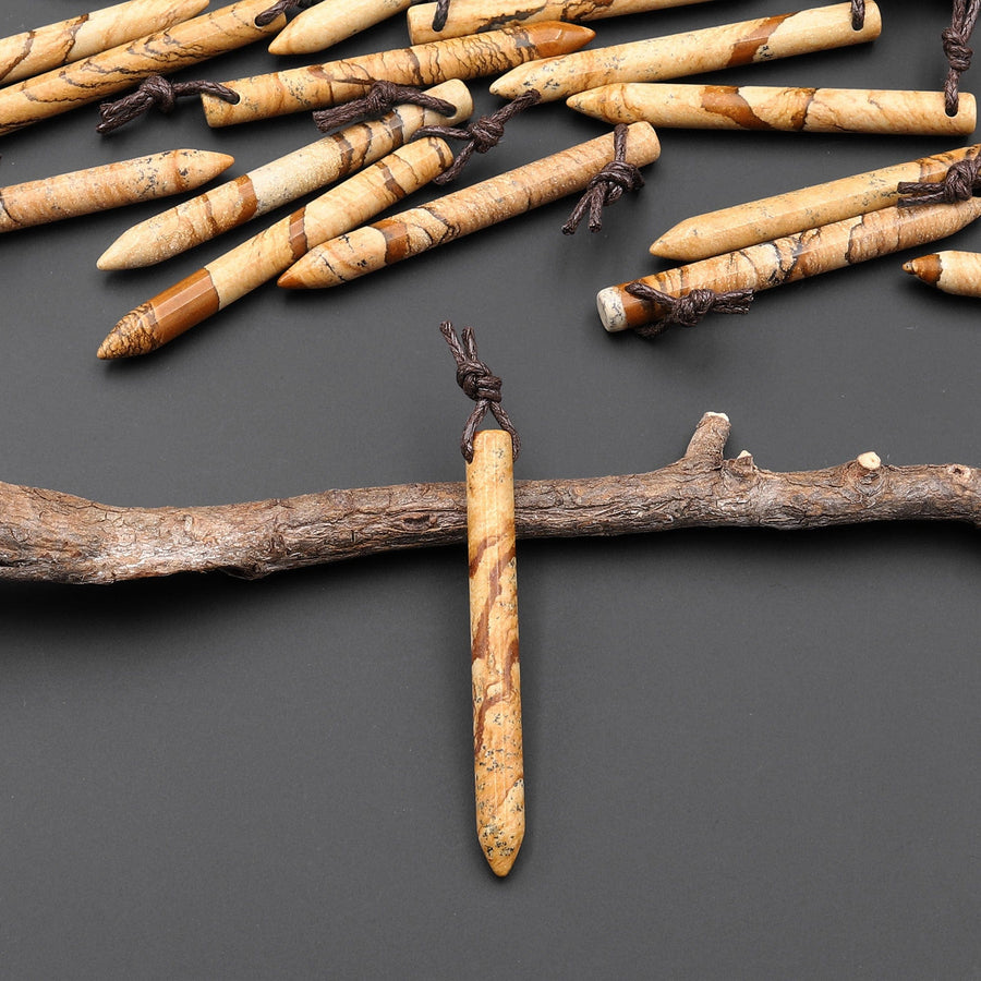 Natural Picture Jasper Thin Long Spike Top Side Drilled Pendant - Earth Tone Wands of Grounding Energy