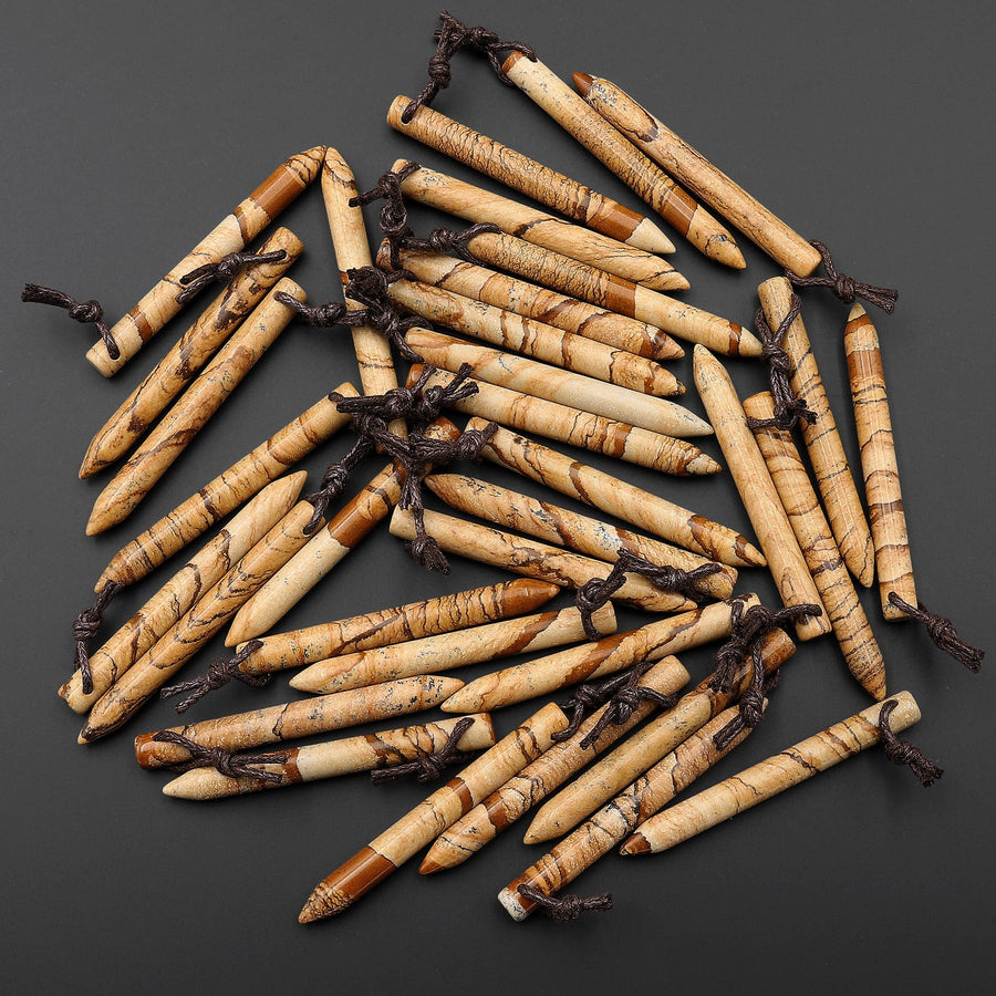 Natural Picture Jasper Thin Long Spike Top Side Drilled Pendant - Earth Tone Wands of Grounding Energy