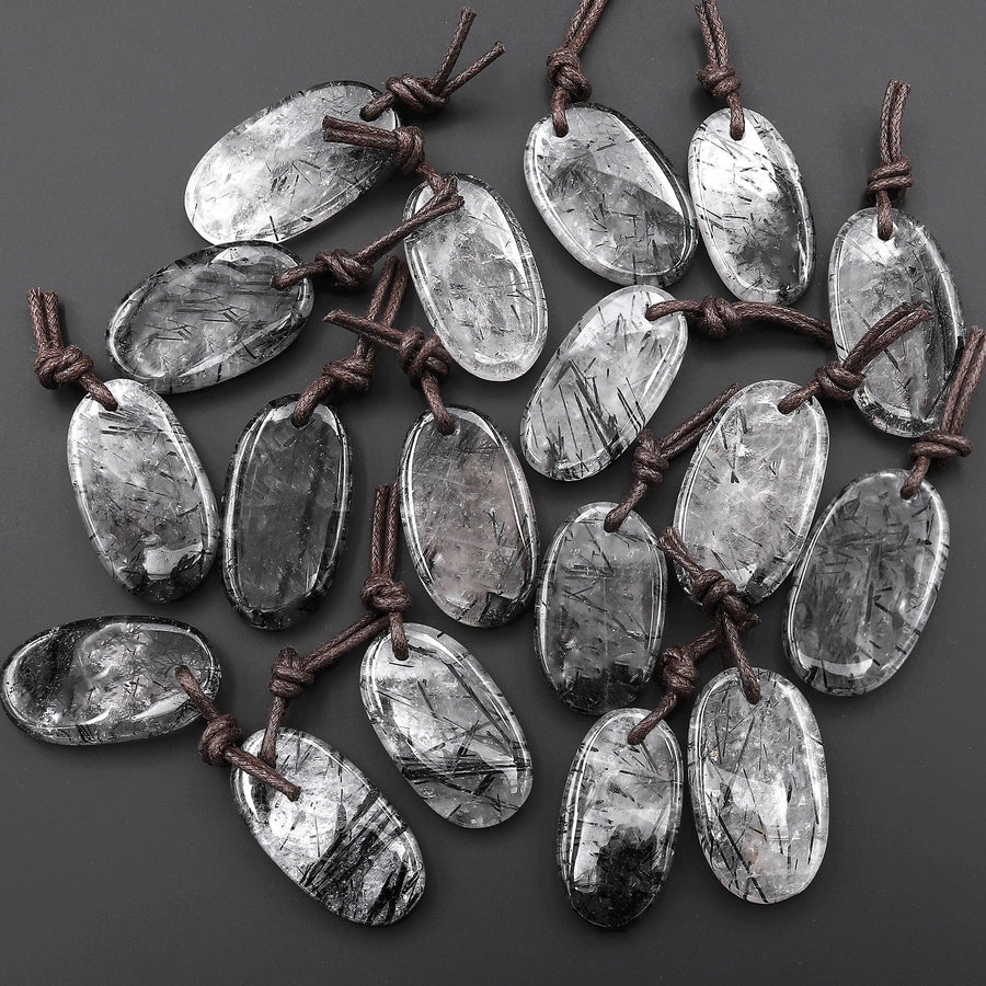 Natural Black Tourmaline Rutilated Quartz Smooth Oval Pendant