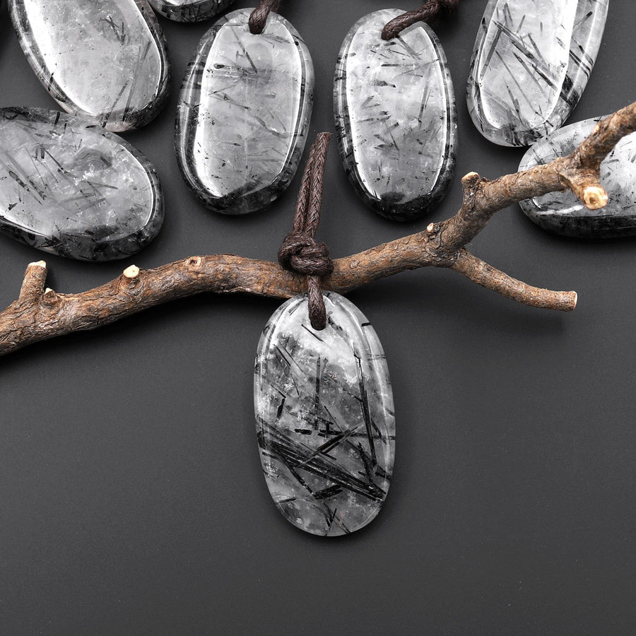 Natural Black Tourmaline Rutilated Quartz Smooth Oval Pendant