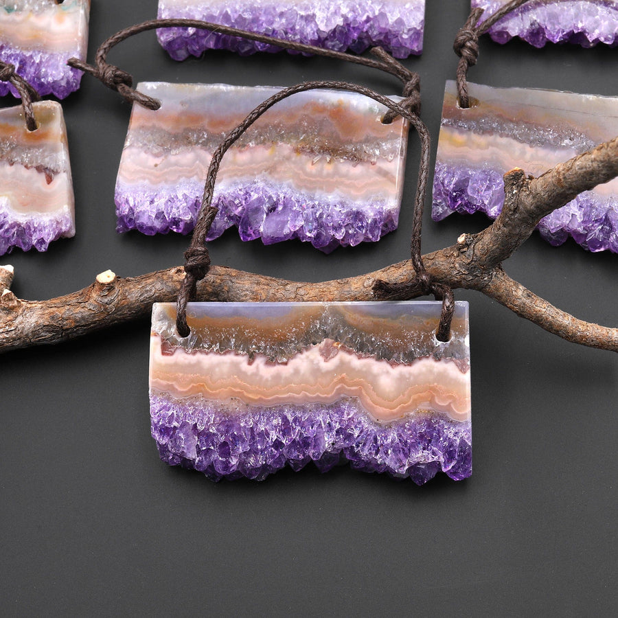 2 Hole Pendant Natural Peach Orange Purple Amethyst Stalactite Druzy Pendant Drilled Flat Slice Long Rectangle
