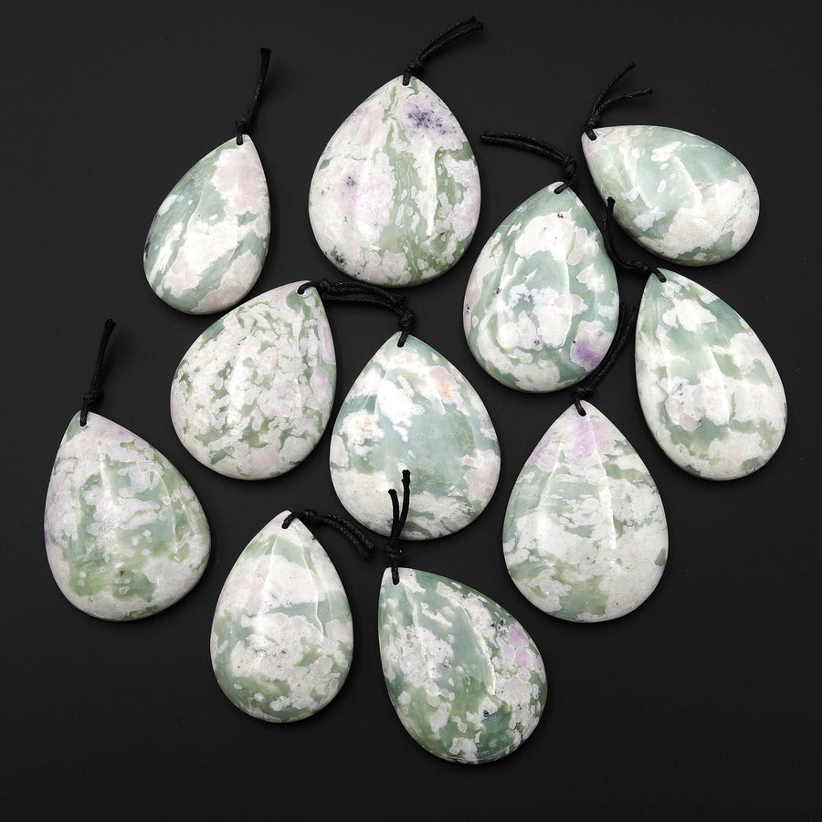 Natural Peace Jasper Teardrop Pendant Soft Green Violet Pink Purple Colors