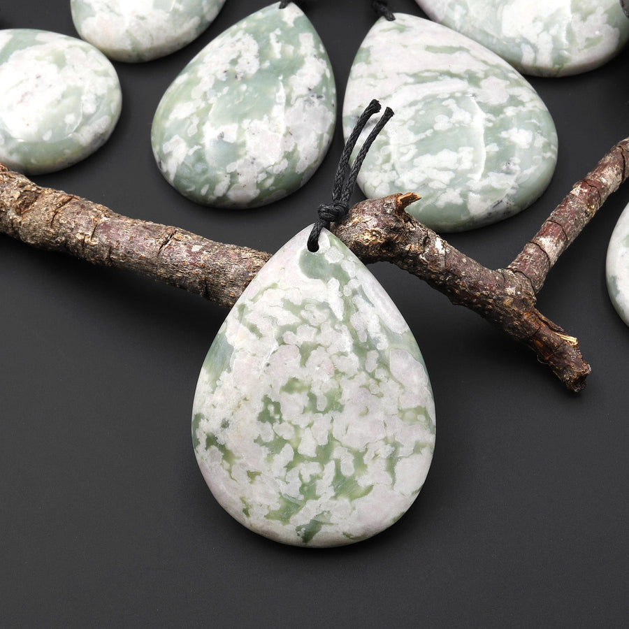 Natural Peace Jasper Teardrop Pendant Soft Green Violet Pink Purple Colors