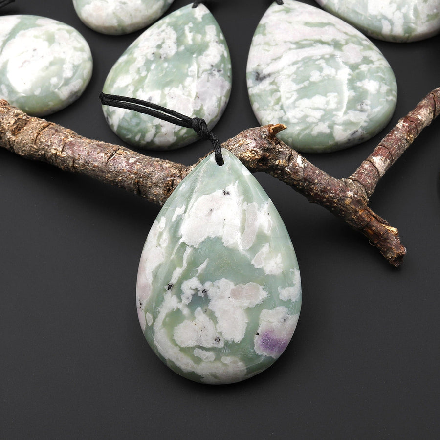 Natural Peace Jasper Teardrop Pendant Soft Green Violet Pink Purple Colors