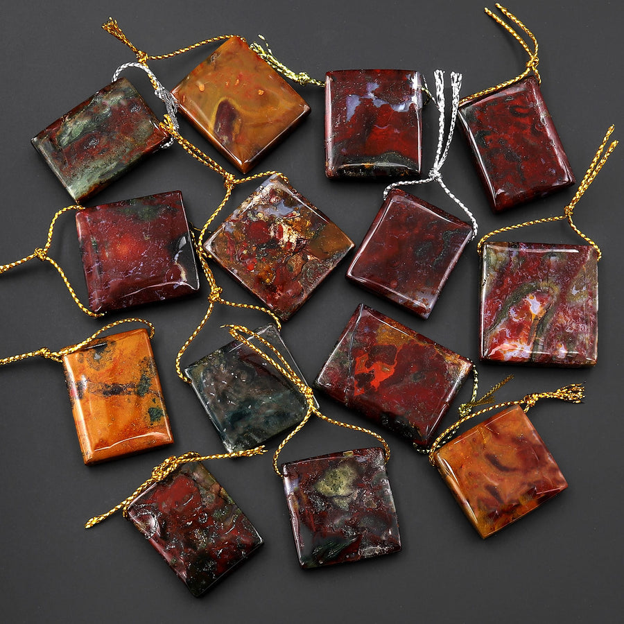 From Oregon USA Natural Marston Agate Ranch Jasper Rectangle Side Drilled Pendant Earthy Green Red Brown American Gemstone