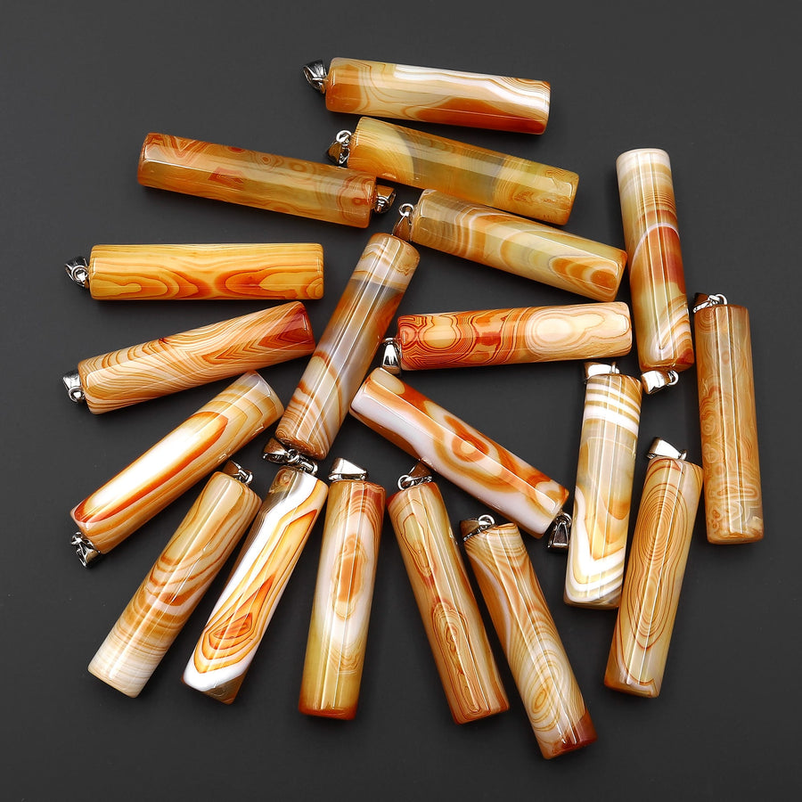 Natural Orange Yellow Carnelian Long Cylinder Pendant Natural Crystal Focal Bead