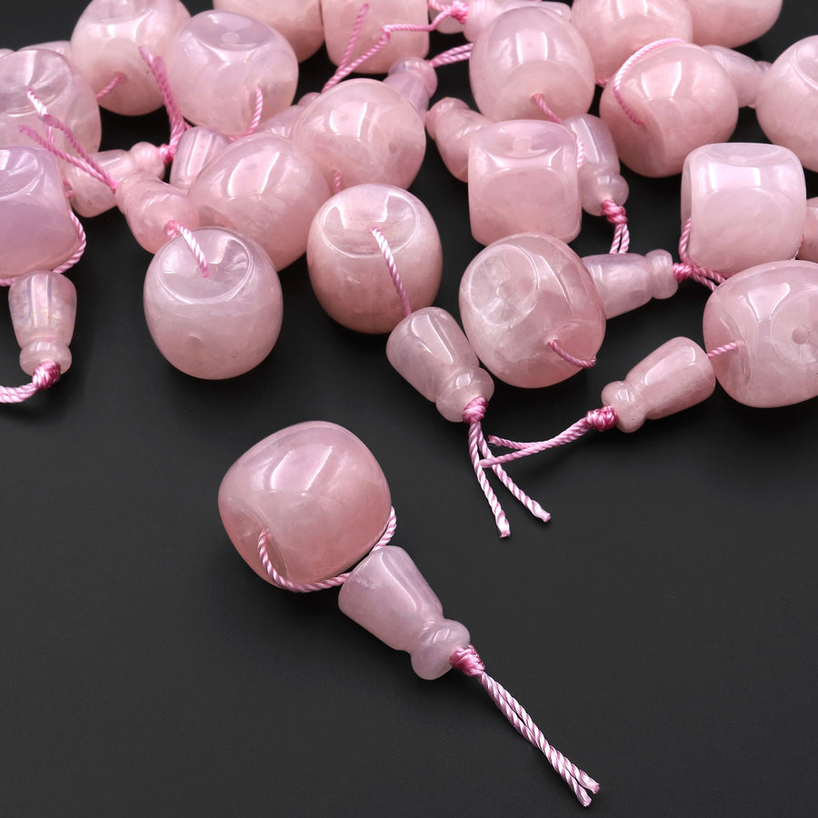 Natural Pink Rose Quartz Guru Beads 3 Holes T-Beads Set For Mala Making 12mm 14mm 18mm