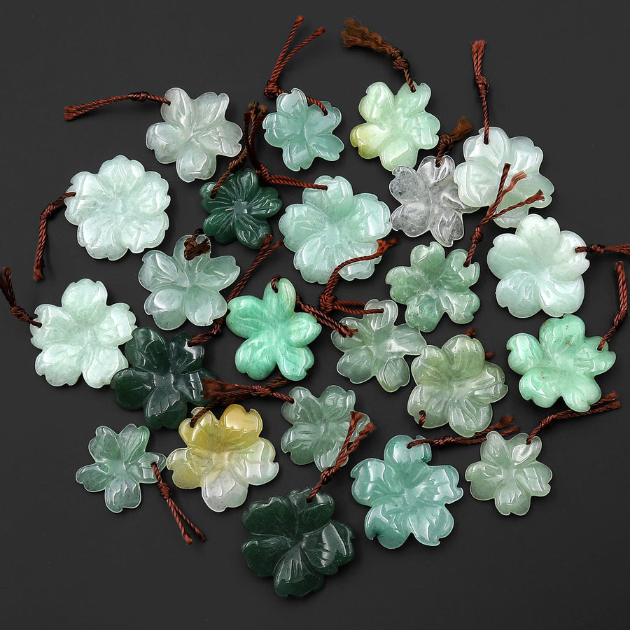 Hand Carved Natural Green Aventurine Flower Pendant Focal Bead