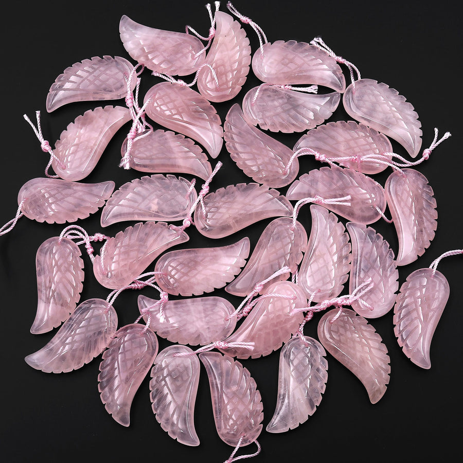 AAA Hand Carved Natural Pink Rose Quartz Angel Wing Pendant Bead Drilled Gemstone