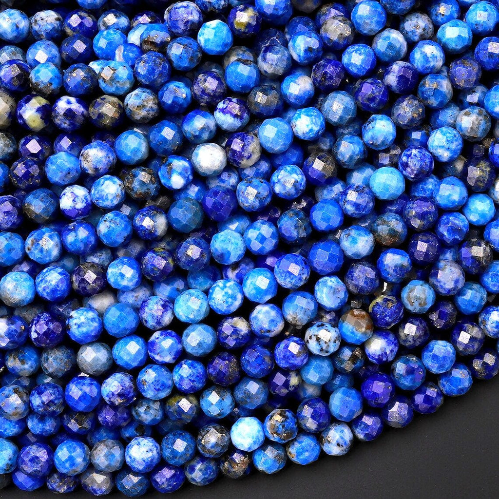 Faceted Natural Denim Blue Lapis 4mm 5mm 6mm Round Beads Laser Diamond Cut Gemstone 15.5" Strand