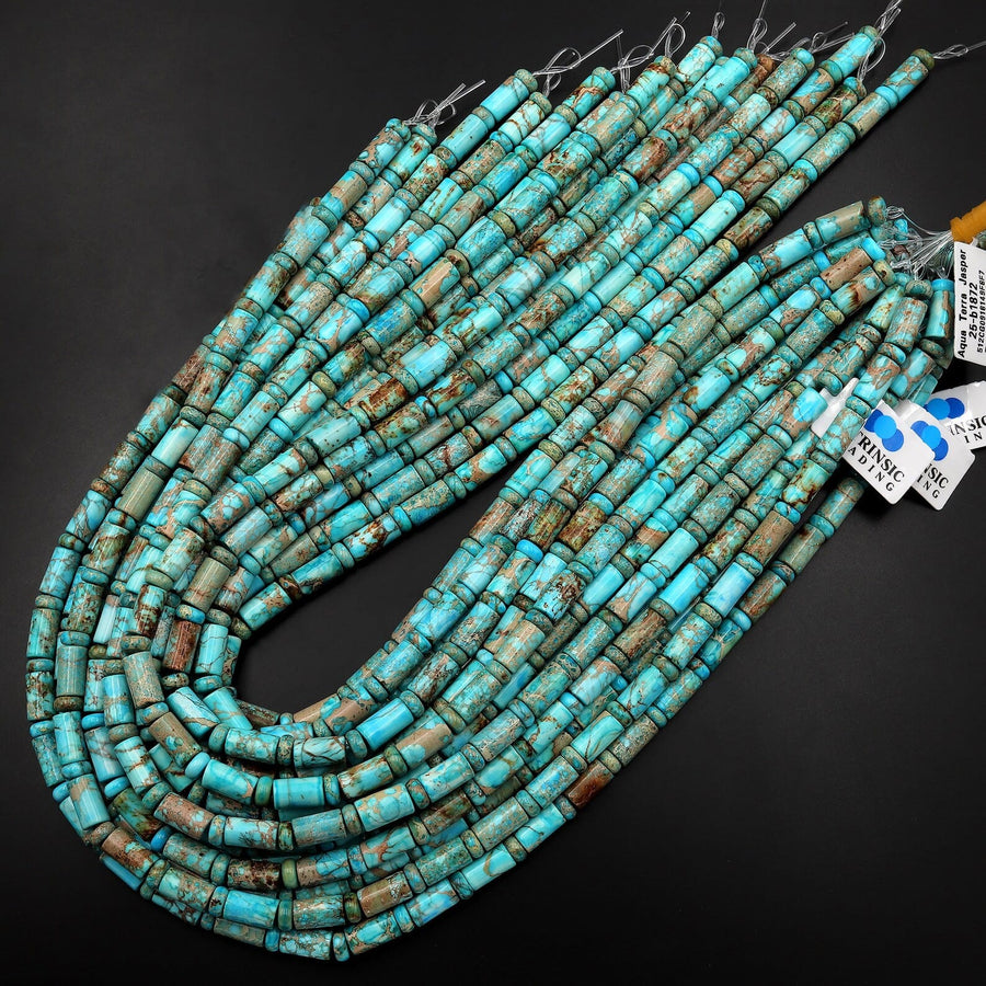 Aqua Terra Jasper Smooth Tube Cylinder Rondelle Beads Aka Turquoise Jasper 15.5" Strand