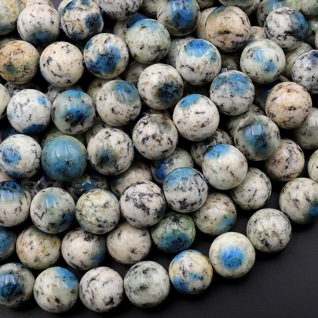 AA Rare K2 Beads 4mm 6mm 8mm 10mm Round Beads Natural Blue Azurite in Quartz Granite Real Genuine K2 Beads from Pakistan Afghanistan 15.5" Strand