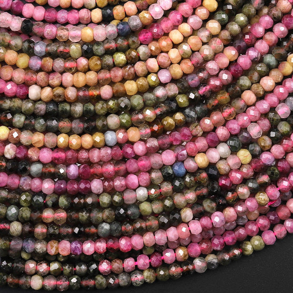 3mm Faceted Rondelle Natural Multicolor Tourmaline Beads Pink Green Yellow Gemstone 15.5" Strand