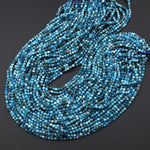 Faceted Natural Blue Apatite Round Beads 3mm 4mm Laser Diamond Cut Gemstone 15.5" Strand