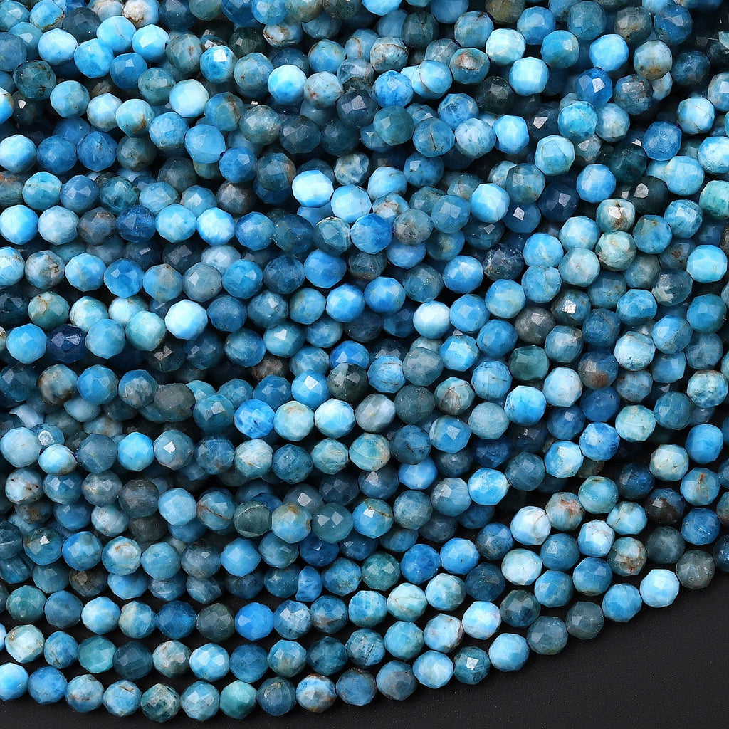 Faceted Natural Blue Apatite Round Beads 3mm 4mm Laser Diamond Cut Gemstone 15.5" Strand