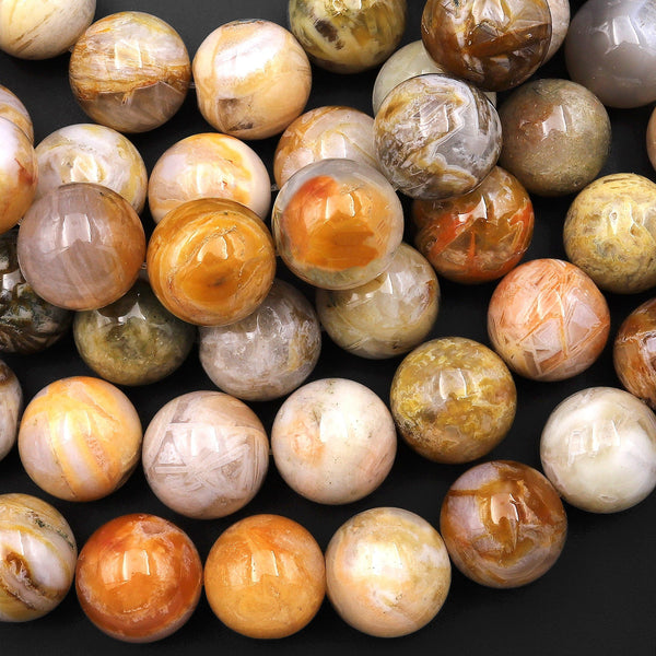 Natural Bamboo Agate 14mm Round Beads Small Natural Creamy White Yellow Agate 15.5" Strand