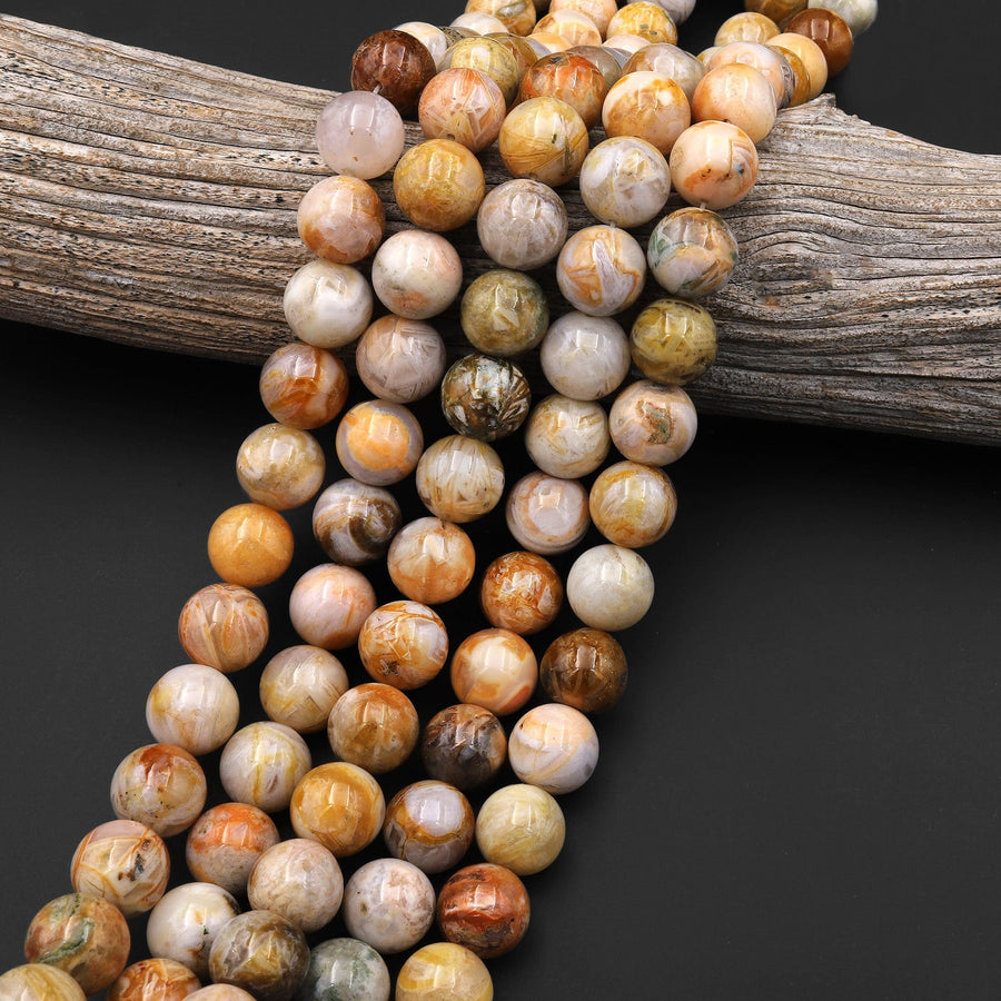 Natural Bamboo Agate 14mm Round Beads Small Natural Creamy White Yellow Agate 15.5" Strand