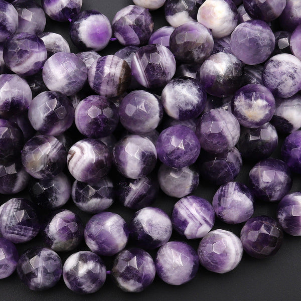 Natural Chevron Amethyst 6mm 8mm 10mm 12mm Faceted Round Beads Striking Eye Catching White Stripes 15.5" Strand