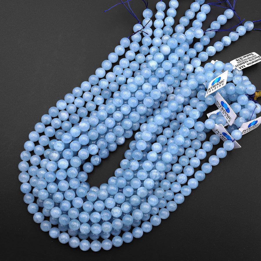 AAA Natural Blue Aquamarine 6mm 8mm 10mm Smooth Round Beads Real Genuine Gemstone Birthstone 15.5" Strand