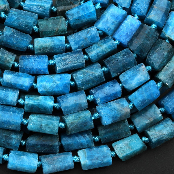 Matte Faceted Natural Blue Apatite Tube Beads Gemstone 15.5" Strand