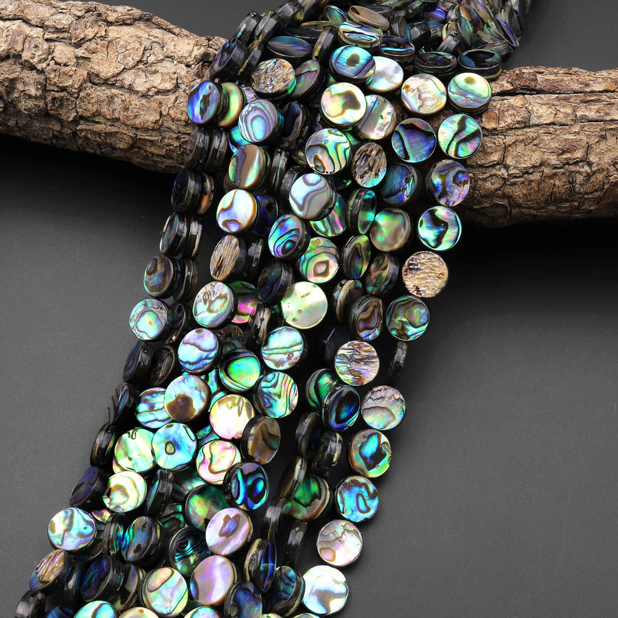 AAA Genuine Abalone 8mm 10mm 12mm Coin Beads Iridescent Rainbow flashes 15.5" Strand