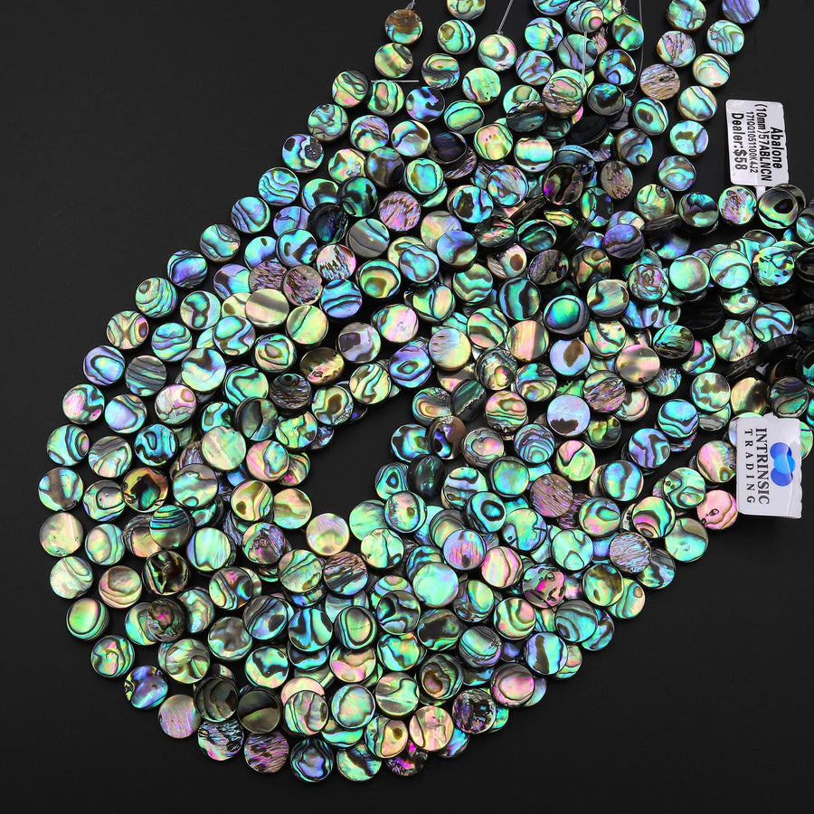 AAA Genuine Abalone 8mm 10mm 12mm Coin Beads Iridescent Rainbow flashes 15.5" Strand