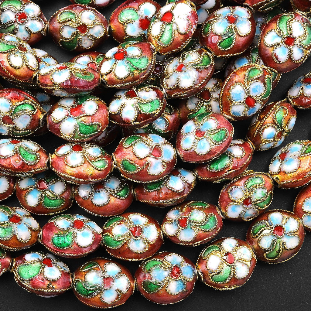 Hand Made Red Cloisonné 12mm Beads Oval Decorative Floral Enamel 15.5" Strand