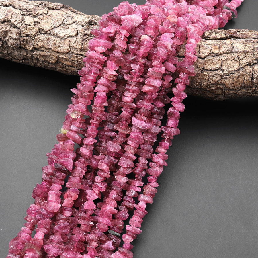 Gemmy Natural Pink Tourmline Beads Freeform Raw Rough Hand Hammered Gemstone Nuggets 15.5" Strand