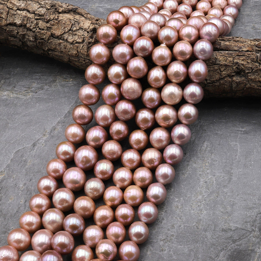 AAA Large Genuine Mauve Pink Edison Freshwater Pearl 12mm Round Iridescent High Luster Pearl 15.5" Strand