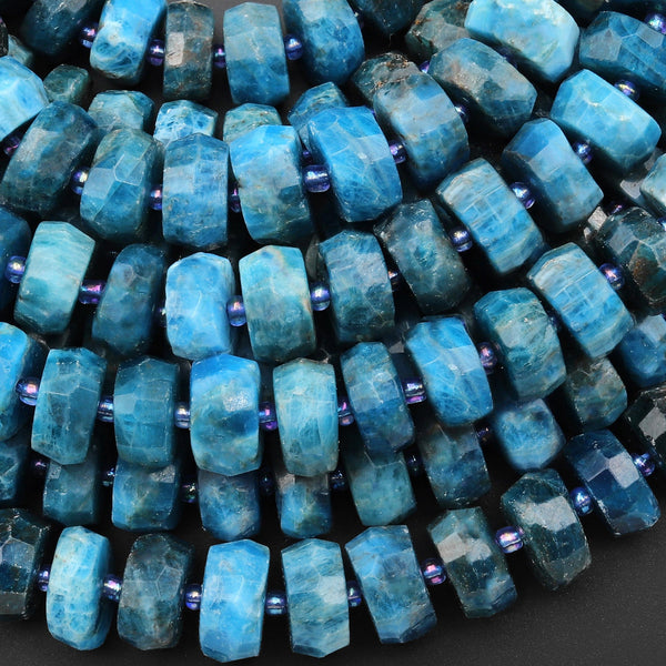 Large Faceted Natural Blue Apatite 12mm 14mm 16mm Rondelle Wheel Center Drilled Beads 15.5" Strand
