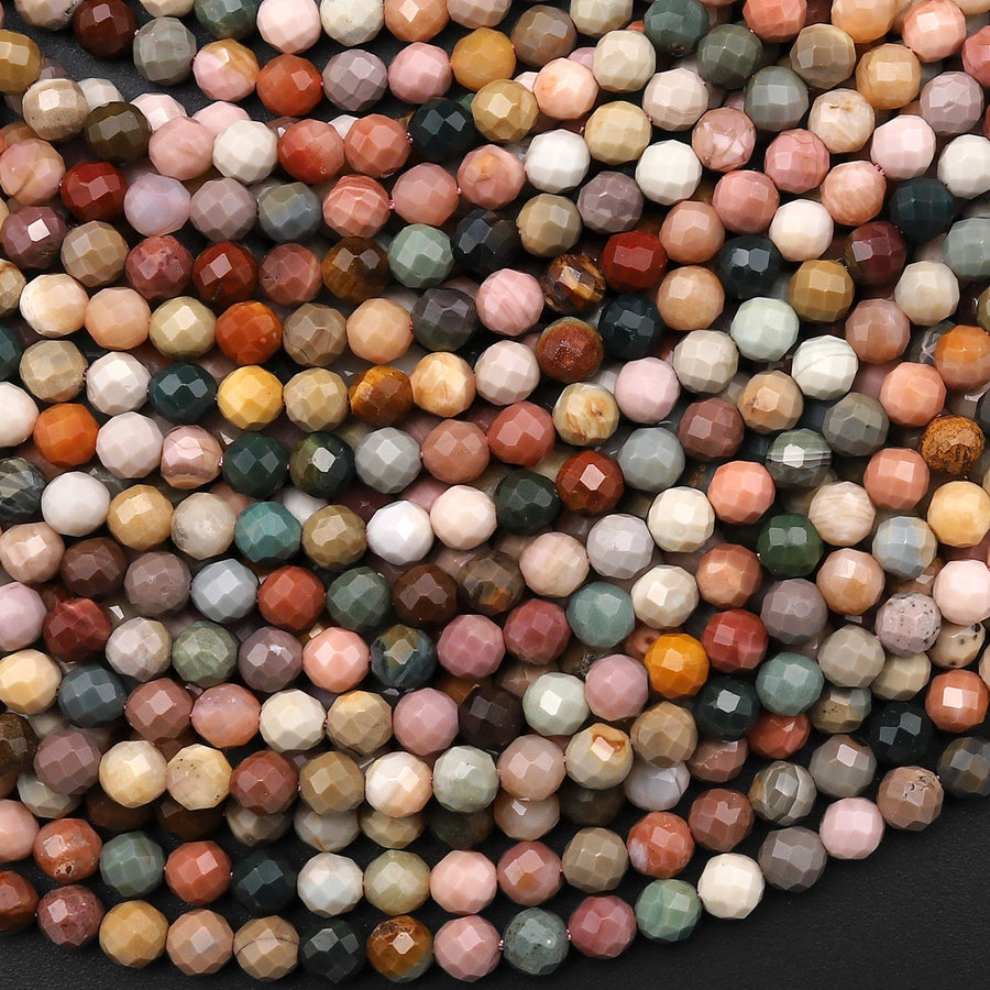 Faceted Natural Imperial Jasper 2mm 3mm 4mm Round Beads Micro Diamond Cut Gemstone 15.5" Strand