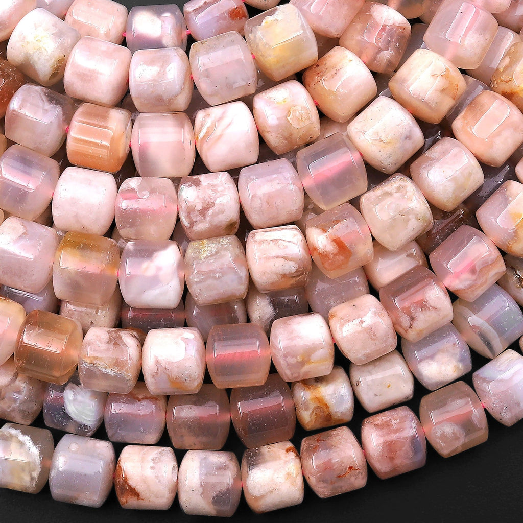 Natural Cherry Blossom Agate Short Cylinder Barrel Rondelle Beads Aka Cherry Flower 8mm 10mm 15.5" Strand