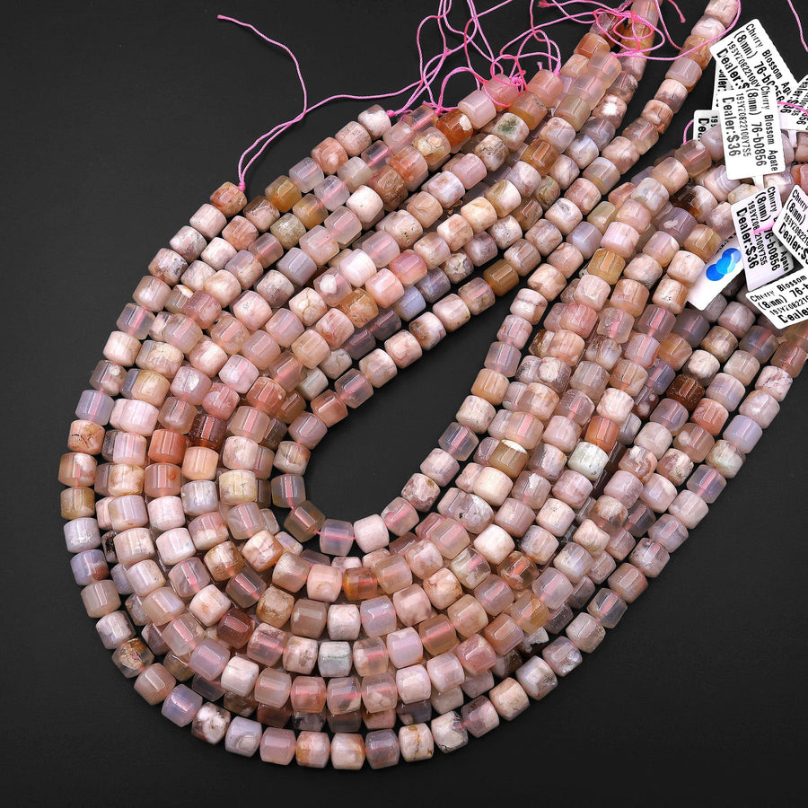 Natural Cherry Blossom Agate Short Cylinder Barrel Rondelle Beads Aka Cherry Flower 8mm 10mm 15.5" Strand