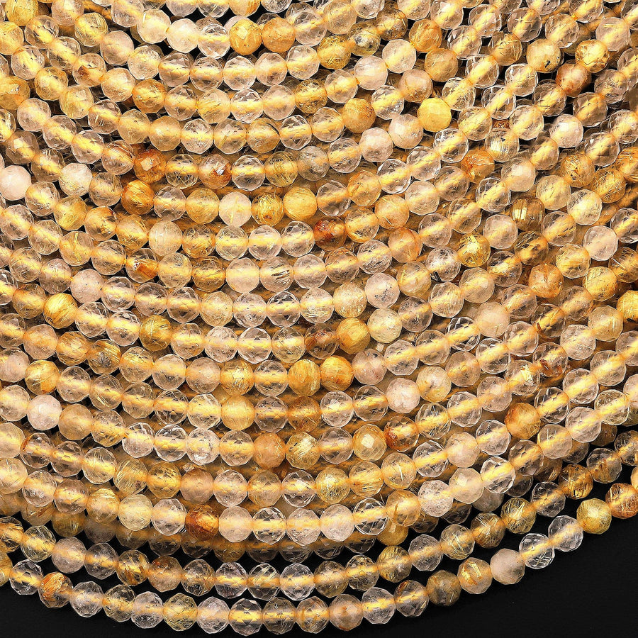 Faceted Natural Golden Rutile Quartz 2mm 3mm 4mm 6mm Round Beads 15.5" Strand