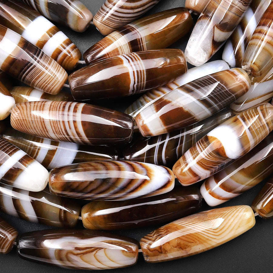 Natural Caramel Brown Tibetan Agate Beads Long Slender Barrel Cylinder Tube 30x10mm 15.5" Strand