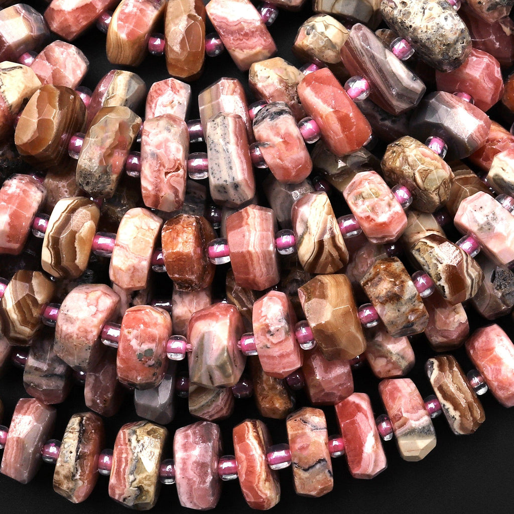 Faceted Rhodochrosite 8mm 10mm 12mm Rondelle Beads 15.5" Strand